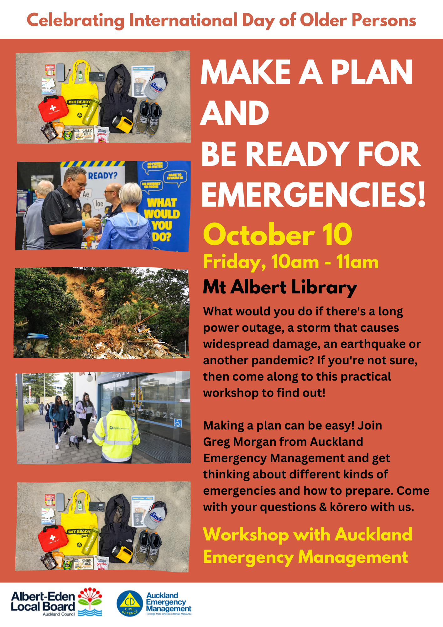 Be Ready for Emergencies poster, image of emergency kit, people at an event, and a slip